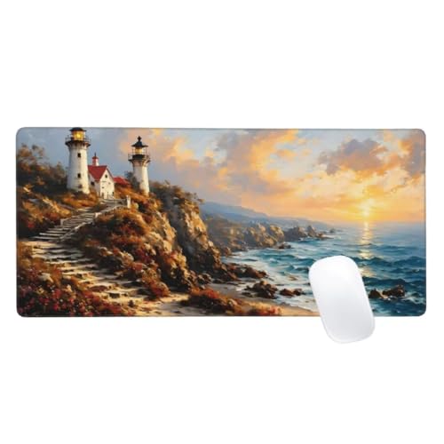 Gaming Mauspad Landschaft Motiv, 1000x500mm XXL Mousepad Leuchtturm Mauspad, Anti-Rutsch Gaming Mouse Pad,Verbessert Präzision und Geschwindigkeit,Genähte Kanten Haltbarkeit Für Office Desk Mat Z2-674 von Zaafeen