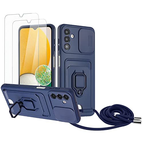 Zallagre Handykette Hülle kompatibel mit Samsung Galaxy A55.[2 Stück] Schutzfolie Glas,Kameraschutz,360 Grad Ringhalter Stand,Kartenfach,Silikon hülle-Marineblau von Zallagre