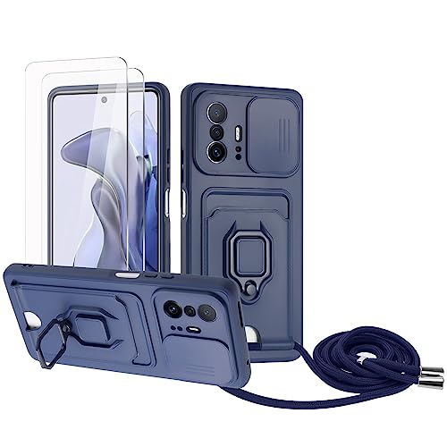 Zallagre Handykette Hülle kompatibel mit Xiaomi Mi 11T/11T Pro.[2 Stück] Schutzfolie Glas,Kameraschutz,360 Grad Ringhalter Stand,Kartenfach,Silikon hülle-Marineblau von Zallagre