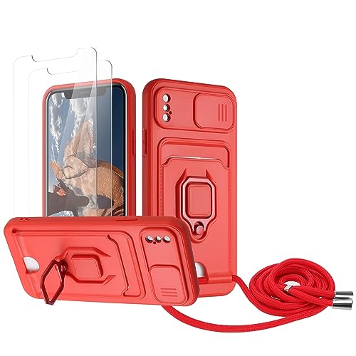 Zallagre Handykette Hülle kompatibel mit iPhone XS Max.[2 Stück] Schutzfolie Glas,Kameraschutz,360 Grad Ringhalter Stand,Kartenfach,Silikon hülle-Rot von Zallagre