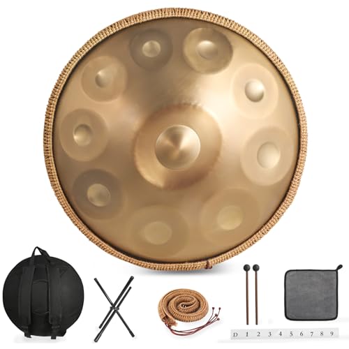 Zanefoo Handpan Instrument, 22 Zoll 10 Note 440HZ Hand Pan Drum Gold Steel Tongue Drum Zungentrommel für Yoga, Meditation mit Handtaschen Trommelstöcken, Trommelständer, Lappen(440Hz-10Töne) von Zanefoo