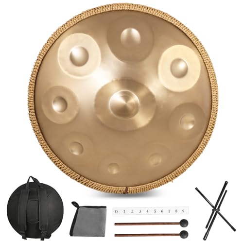 Zanefoo Handpan Instrument, 22 Zoll 9 Note 440HZ Hand Pan Drum Gold Steel Tongue Drum Zungentrommel für Yoga, Meditation mit Handtaschen Trommelstöcken, Trommelständer, Lappen von Zanefoo