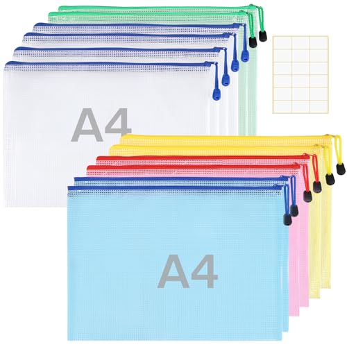 12 Stück Wasserdichte Dokumententasche A4 - Zanfqvo Dokumentenmappe A4 Mesh Kunststoff - Beutel mit Reißverschluss und Etiketten - für Datei, Papier, Reise, Schminktasche (5 Farben) von Zanfqvo