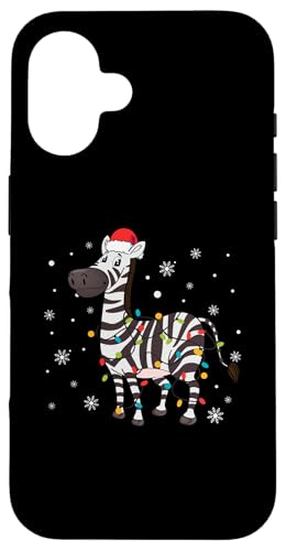 Hülle für iPhone 16 Zebra trägt Weihnachtsmannmütze, Schneeflocken, Weihnachtsbeleuchtung von Zebra Santa Claus Christmas Apparel