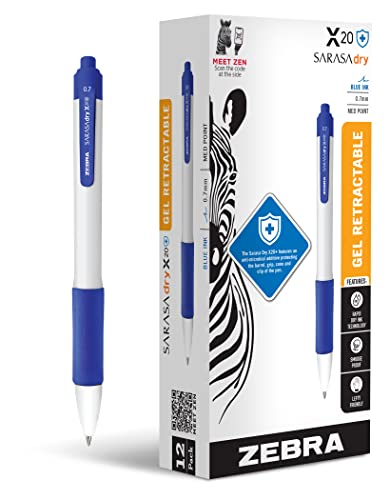 Zebra Pen Sarasa Dry X20+ Gelschreiber, einziehbar, Kunststoffschaft, mittlere Spitze, 0,7 mm, blaue Tinte, 12 Stück von Zebra Pen