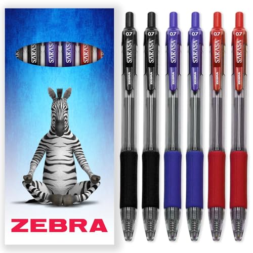 Zebra Sarasa Pen – einziehbare Gel-Tintenroller – 0,7 mm Spitze – schwarze, blaue und rote Tinte – Kartonetui, Geschenk-Set mit 6 Stück von Zebra Pen