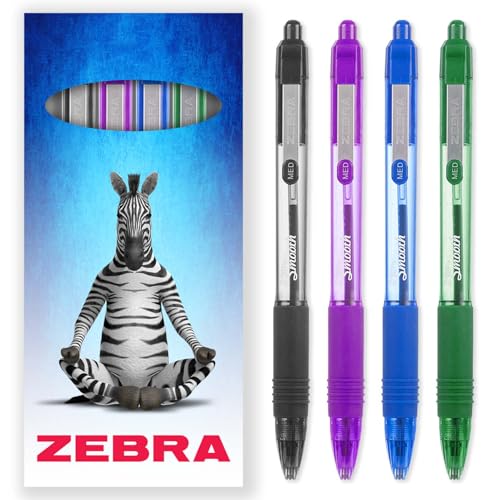 Zebra Z-Grip Druckkugelschreiber mit glatter Tinte, 1,0 mm Spitze, 4 Stück, in Geschenkbox (Schwarz, Violett, Blau, Grün) von Zebra Pen