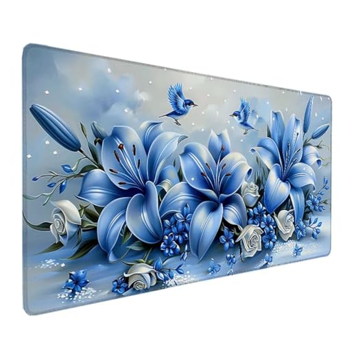 Blau Mousepad XXL 900x400 MM Schreibtischunterlage, Gaming Mauspad Blume Mouse Pad Wasserdicht und Langlebig Mousepad Groß mit Vernähte Kanten für PC, Laptop, Gaming, Büro, Zuhause Deko Geschenk R-Z von Zeipopge