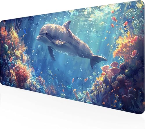 Gaming Mauspad Delphin Mauspad XXL 900x400 mm, Gaming Zubehör Blau Mauspad Gaming rutschfeste Gummibasis Mouse pad Vernähte Kanten Schreibtischunterlage für Home Office, Geschenke für Männer 5-0 von Zeipopge