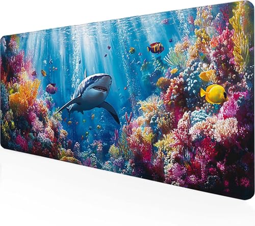 Gaming Mauspad Hai Mauspad XXL 900x300mm, Gaming Zubehör Blau Mauspad Gaming rutschfeste Gummibasis Mouse pad Vernähte Kanten Schreibtischunterlage für Home Office, Geschenke für Männer 4-P von Zeipopge