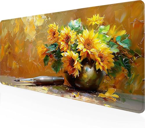 Gaming Mauspad Sonnenblume Mauspad XXL 700 x 300 x 3 mm, Gaming Zubehör Gelb Mauspad Gaming rutschfeste Gummibasis Mouse pad Vernähte Kanten Schreibtischunterlage für Office, Geschenke für Männer O-Z von Zeipopge