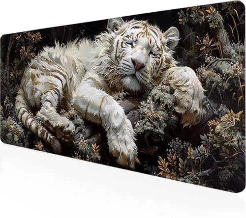 Gaming Mauspad Tiger Mauspad XXL 900 x 300 x 3 mm, Gaming Zubehör Weiß Mauspad Gaming rutschfeste Gummibasis Mouse pad Vernähte Kanten Schreibtischunterlage für Home Office, Geschenke für Männer W-4 von Zeipopge