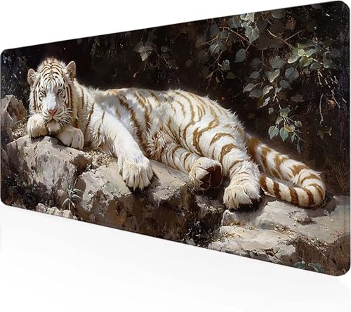 Gaming Mauspad Tiger Mauspad XXL 900x400mm, Gaming Zubehör Weiß Mauspad Gaming rutschfeste Gummibasis Mouse pad Vernähte Kanten Schreibtischunterlage für Home Office, Geschenke für Männer 0-N von Zeipopge