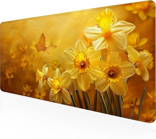 Mauspad Blume, Schreibtischunterlage Gelb Gaming Mousepad XXL 800 x 300 x 3 mm, WassXerdicht Anti-Rutsch Mousepad Computer Zubehör Vernähte Kanten Gaming Mauspad für Home Office Spiel, Geschenke K-5 von Zeipopge