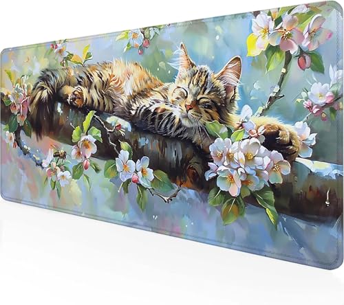 Mauspad Katze, Schreibtischunterlage Weiß Gaming Mousepad XXL 800x400x3 mm, WassXerdicht Anti-Rutsch Mousepad Computer Zubehör Vernähte Kanten Gaming Mauspad für Home Office Spiel, Geschenke R-A von Zeipopge