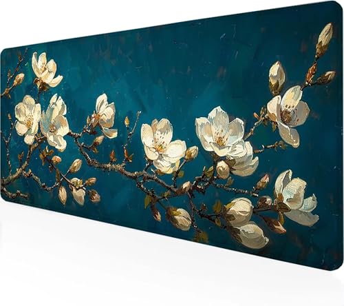 Mauspad Kirschblüten, Schreibtischunterlage Weiß Gaming Mousepad XXL 800x300mm, WassXerdicht Anti-Rutsch Mousepad Computer Zubehör Vernähte Kanten Gaming Mauspad für Home Office Spiel, Geschenke 2-N von Zeipopge