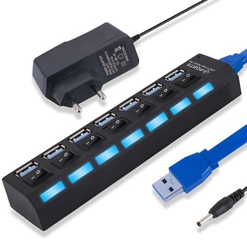 USB Hub 7 Port: Tragbar USB verteiler 3.0 Einzelnen LED-Netzschaltern fur Laptop, PC, MacBook und weitere USB Geräte (USB & EU netzteil) von Zevmi