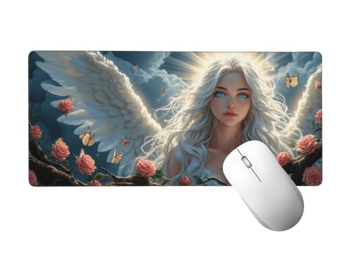 Weiß Mauspad XXL 1400 x 600 mm, Mousepad Engel Mauspad Gaming mit Genähten Kanten, rutschfeste Gummibasis Mouse Pad, für PC, Laptop Verbessert Präzision und Geschwindigkeit, Gaming Zubehör H-178 von Zhlpjecc