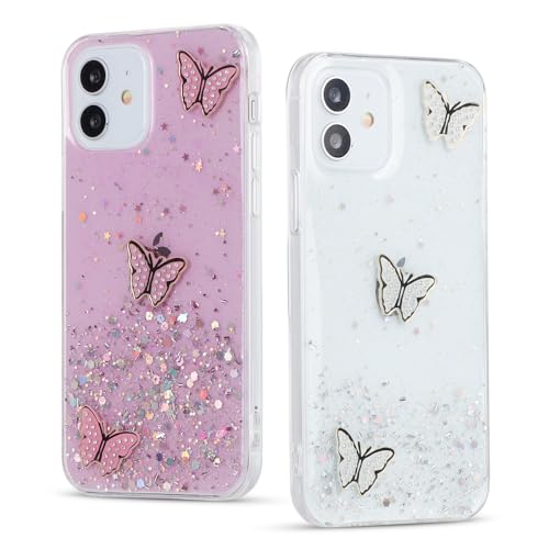 ZhuoFan 2 Stück für iPhone 11 6,1 Zoll Hülle Glitzer, Handyhülle Transparente mit Sparkle Sterne Muster Strass Schmetterling Motiv, Ultradünn Stoßfest Schutzhülle, Rosa und Weiß von ZhuoFan