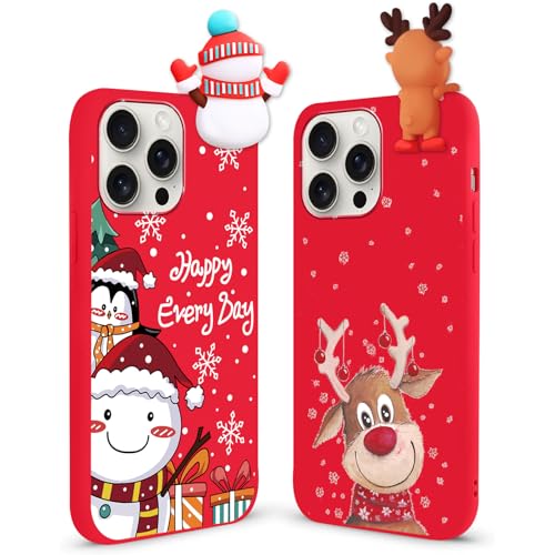 ZhuoFan 2 Stücke Weihnachten Hülle für iPhone 15 Pro Handyhülle - 6,1'', WeihnachtsMuster Rot Silikon Hanyhülle mit Dünnes Weich TPU stoßfeste hülle für iPhone 15 Pro, Weihnachtsschneemann und Elch von ZhuoFan