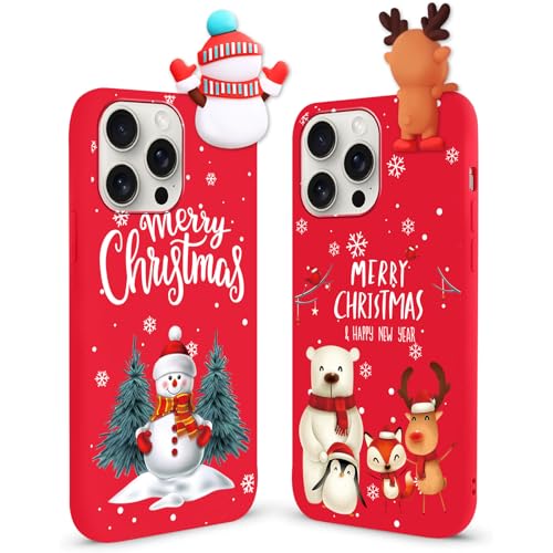 ZhuoFan 2 Stücke für iPhone 15 Pro Max Hülle - 6,7'', Weihnachtsmuster Rot Silikon Hanyhülle mit Ultra Dünnes Weich TPU stoßfeste hülle mit Elch Muster Schutzhülle, Weihnachtsschneemann und Elch von ZhuoFan