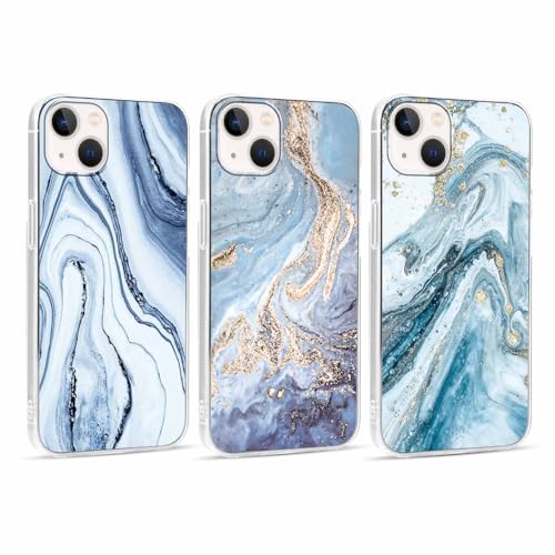 ZhuoFan 3 Stück Handyhülle für iPhone 13 Mini 5,4", Aesthetic Muster Marmor Blau Design Hülle Transparent mit KameraSchutz und BildschirmSchutz, Dünne TPU Silikon Bumper Stoßfestes Schutzhülle, 04 von ZhuoFan