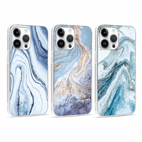 ZhuoFan 3 Stück Handyhülle für iPhone 14 Pro Max 6,7", Aesthetic Muster Marmor Blau Design Hülle Transparent mit KameraSchutz und BildschirmSchutz, Dünne TPU Silikon Stoßfestes Schutzhülle, 04 von ZhuoFan