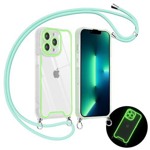 ZhuoFan Handyhülle für iPhone 15 6,1 Zoll Hülle mit Band, Grün Fluoreszierende Durchsichtig Schutzhülle mit Handykette Umhängen Kordel, Transparente Stoßfest Weiches Ultra Dünn Silikon TPU Case von ZhuoFan