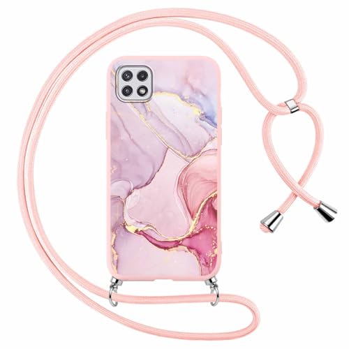 ZhuoFan Handykette Handyhülle für Samsung Galaxy A22 5G Hülle mit Band, Aesthetic Rosa Marmor Motiv Schutzhülle mit Kordel zum Umhängen, Weich TPU Silikon Stoßfeste Necklace Lanyard Case von ZhuoFan