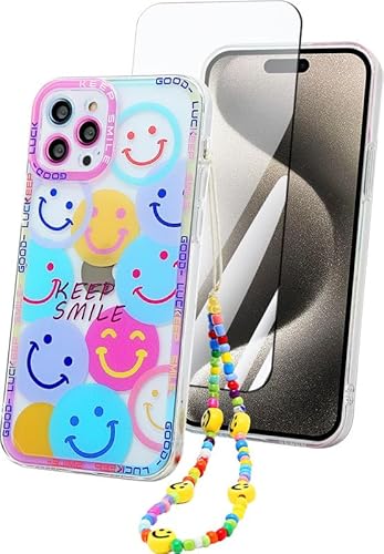 ZhuoFan Handykette Klare Handyhülle für iPhone 15 Pro 6.1'' hülle mit Band + Schutzfolie, Durchsichtig Muster Schutzhülle mit Kette Kordel, Soft TPU Silikon Stoßfest Transparent Case, Smile von ZhuoFan