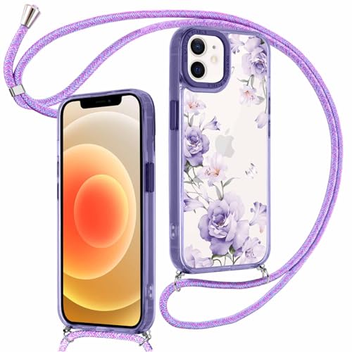 ZhuoFan Handykette für iPhone 12 Pro/iPhone 12 Hülle mit Band, Transparent Lila Aesthetic Blume Muster Handyhülle mit Kordel zum umhängen Necklace Case Silikon PC Bumper Niedlich Schutzhülle, 10 von ZhuoFan