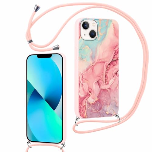 ZhuoFan Handykette für iPhone 13 Mini Hülle mit Band, Aesthetic Rosa Marmor Muster Verstellbarer Halskette Handyhülle mit Kordel zum umhängen Silikon Stoßfest Schutzhülle mit Kette, 06 von ZhuoFan