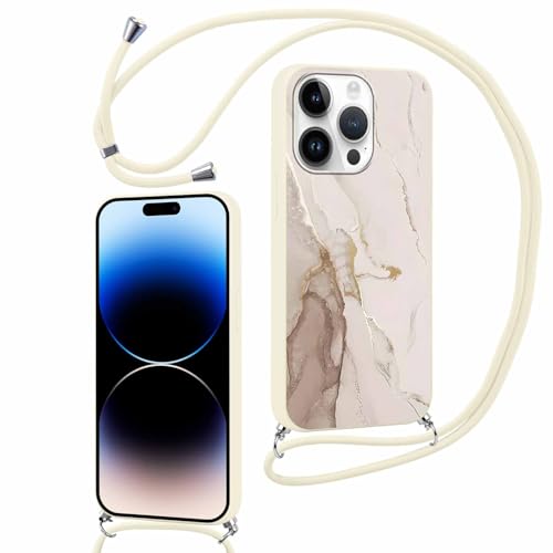 ZhuoFan Handykette für iPhone 14 Pro Hülle mit Band, Aesthetic Weisser Marmor Muster Verstellbarer Halskette Handyhülle mit Kordel zum umhängen Silikon Stoßfest Schutzhülle mit Kette, 07 von ZhuoFan