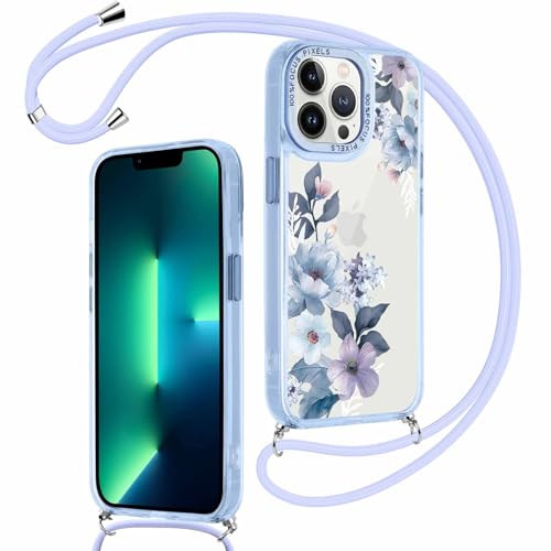 ZhuoFan Handykette für iPhone 15 Pro Hülle mit Band, Transparent Blau Aesthetic Blume Muster Handyhülle mit Kordel zum umhängen Necklace Case Silikon PC Bumper Niedlich Schutzhülle Mädchen, 08 von ZhuoFan