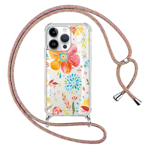 ZhuoFan Handykette für iPhone 15 Pro Max Hülle mit Band, Transparent Aesthetic Blume Muster Handyhülle mit Kordel zum umhängen Necklace Case Silikon TPU + PC Stoßfest Schutzhülle, 06 von ZhuoFan