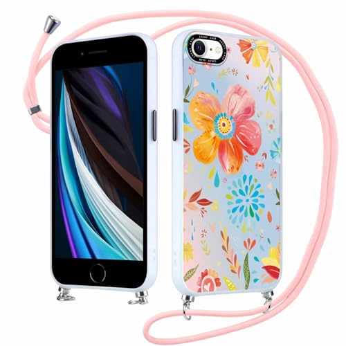 ZhuoFan Handykette für iPhone 8/7/iPhone SE 2022/2020 Hülle mit Band, Bunt Matt Silikon Handyhülle Aesthetic Blume Muster Case mit Kordel Schlüsselband zum umhängen Necklace Bumper Schutzhülle, 03 von ZhuoFan