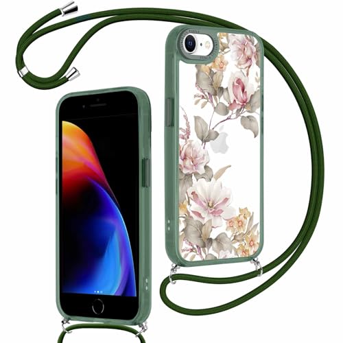 ZhuoFan Handykette für iPhone 8/7/iPhone SE 2022/2020 Hülle mit Band, Transparent Grün Aesthetic Blume Muster Handyhülle mit Kordel zum umhängen Necklace Case Silikon PC Niedlich Schutzhülle, 06 von ZhuoFan