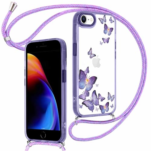 ZhuoFan Handykette für iPhone 8/7/iPhone SE 2022/2020 Hülle mit Band, Transparent Lila Aesthetic Schmetterling Muster Handyhülle mit Kordel Necklace Case Silikon PC Niedlich Schutzhülle, 02 von ZhuoFan