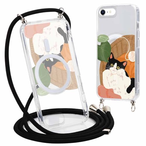 ZhuoFan Magnetisch Handykette Handyhülle für iPhone 7/8/iPhone SE 2022/2020 4,7" Hülle mit Band, Kompatibel mit Magsafe Transparent Katze Muster Cover mit Kordel Necklace Case Silikon Schutzhülle, 05 von ZhuoFan