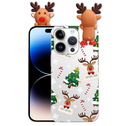 ZhuoFan Weihnachten Handyhülle für iPhone 14 Pro 6,1'', Sanft Transparent Silikon TPU Schutzhülle mit Weihnachten Elch Hülle 3D Cartoon Puppe & Muster Stoßfest Christmas Case von ZhuoFan