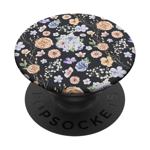 Aquarell-Blumenrankenmuster auf Anthrazitschwarz PopSockets mit austauschbarem PopGrip von Zierliches Vintage-Blumenmuster