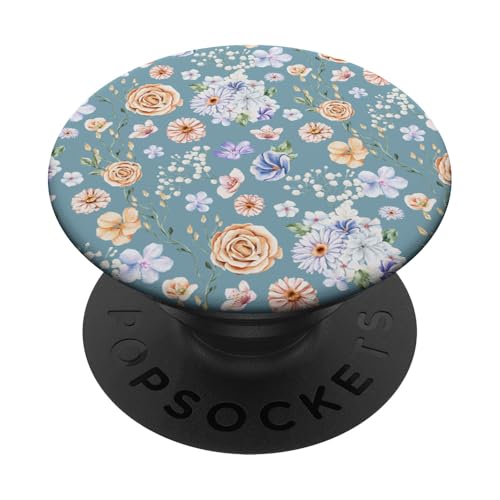 Aquarell-Blumenrankenmuster auf Retro-Sapparell-Blau PopSockets mit austauschbarem PopGrip von Zierliches Vintage-Blumenmuster