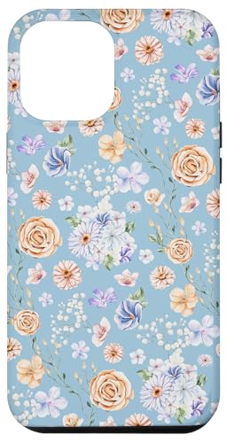 Hülle für iPhone 15 Pro Max Aquarell-Blumenrankenmuster auf Retro-Kornblumenblau von Zierliches Vintage-Blumenmuster