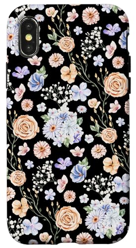 Hülle für iPhone X/XS Aquarell-Blumenrankenmuster auf Schwarz von Zierliches Vintage-Blumenmuster