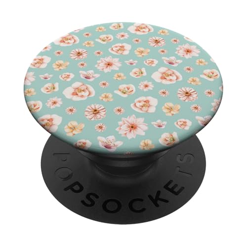 Zartes Pfirsichblütenmuster auf Aqua-Mintblau PopSockets mit austauschbarem PopGrip von Zierliches Vintage-Blumenmuster