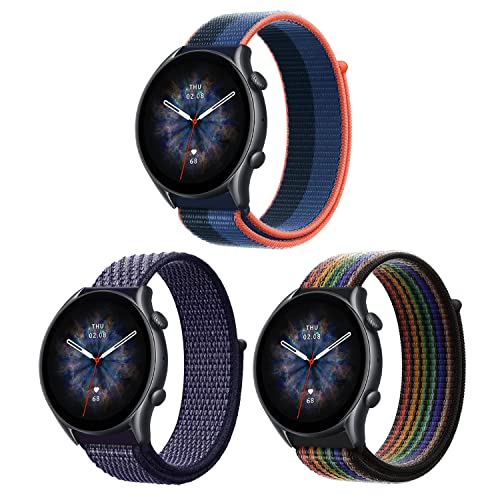 ZoRoll 3 Stück 22mm Armband für Amazfit Bip 5/GTR 4/GTR 3 Pro/GTR 3/GTR 2e/GTR 2, Nylon Klettverschluss Ersatzarmband für Amazfit Cheetah/Cheetah Pro - Regenbogen+Lila+Blau von ZoRoll