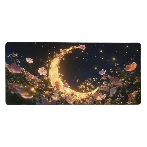 Mond Gaming Mauspad XXL 900x400x3 mm, Groß Blume Mousepad Vernähte Kanten Wasserdicht Anti-Rutsch Basis Desk Mat für PC, Laptop Verbesserung der Präzision und Geschwindigkeit der Büroarbeit G1052 von Zosoore