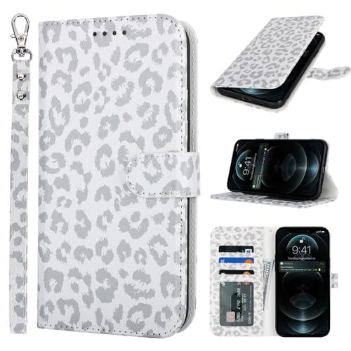 Zouzt Hülle für iPhone 12/12 Pro 6,1-Zoll, Stoßfestes PU Leder Handyhülle Lederhülle Klapphülle mit Kartenhalter und Standfunktion Flip Leather Wallet Phone Cover (Weißer Leopard) von Zouzt