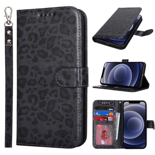 Zouzt Hülle für iPhone 12 Mini 5,4-Zoll, Stoßfestes PU Leder Handyhülle Lederhülle Klapphülle mit Kartenhalter und Standfunktion Flip Leather Wallet Phone Cover (Schwarzer Leopard) von Zouzt