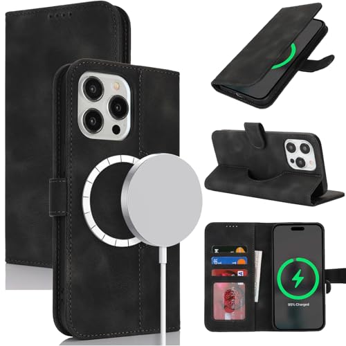 Zouzt Hülle für iPhone 13 Pro Max 6,7-Zoll für MagSafe, PU Leder Magnetisch Handyhülle 12 Pro Max Lederhülle Klapphülle mit Kartenhalter Standfunktion Flip Leather Wallet Cover (Vintage Schwarz) von Zouzt